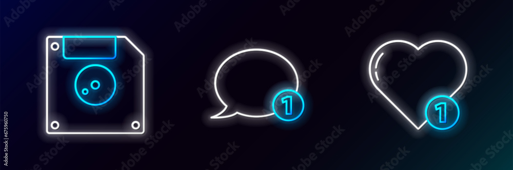 Poster set line like and heart, floppy disk for computer data storage and speech bubble chat icon. glowing 