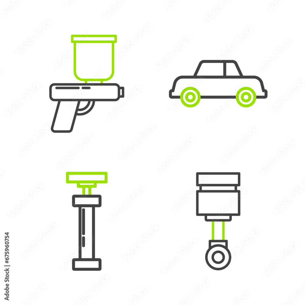 Poster Set line Engine piston, , Car and Paint spray gun icon. Vector