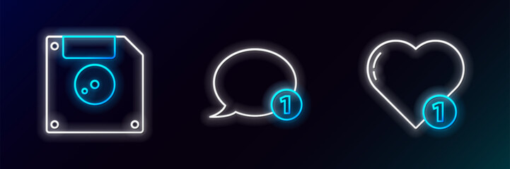 Set line Like and heart, Floppy disk for computer data storage and Speech bubble chat icon. Glowing neon. Vector