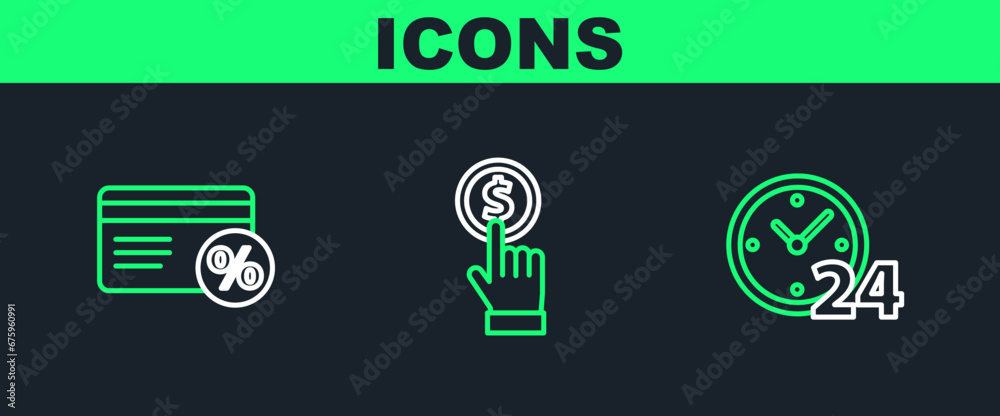 Canvas Prints set line clock 24 hours, discount card with percent and hand holding coin icon. vector