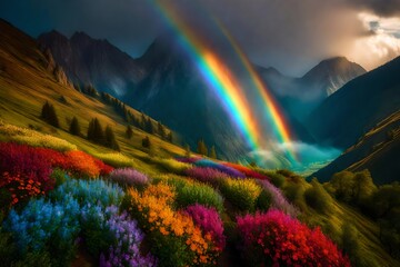 Obraz premium nature, Rainbow landscape, mountain, colorful, fantasy Spa retreat within the villa, complete with a sauna, steam room, rooms, and a relaxation lounge