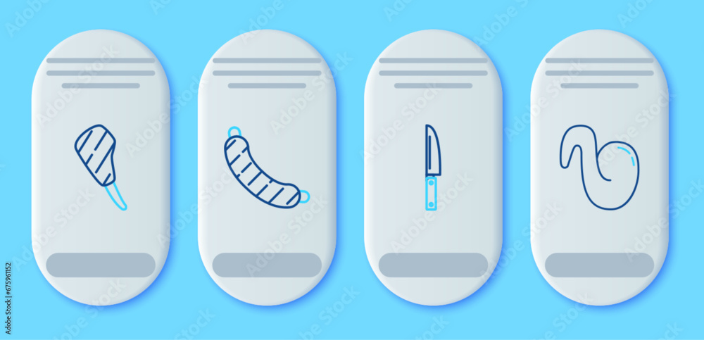 Poster Set line Sausage, Knife, Rib eye steak and Fried chicken wing icon. Vector