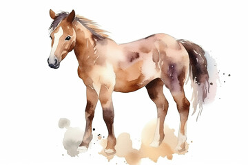 Obraz premium watercolor painting illustration of young beautiful horse isolated on a white background , generative AI