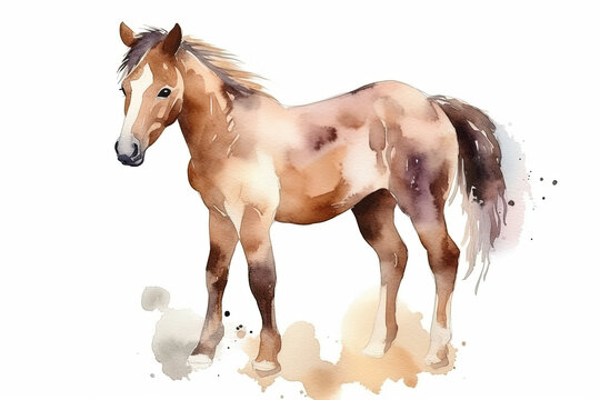 watercolor painting illustration of young beautiful horse isolated on a white background , generative AI