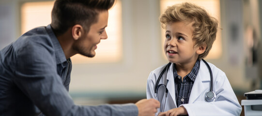 Aspiring Young Physician: Curly-Haired Boy in White Coat and Stethoscope