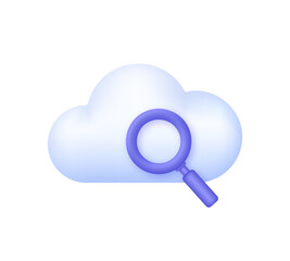 3D Cloud search icon. Cloud with magnifying glass. The concept of cloud online data storage technology. Internet Archive