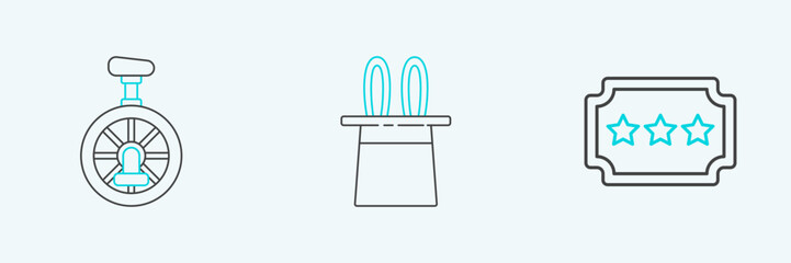 Set line Ticket, Unicycle or one wheel bicycle and Magician hat and rabbit ears icon. Vector © Oksana