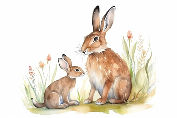 watercolor painting illustration of Wild hare with cute little bunny isolated on a white background , generative AI