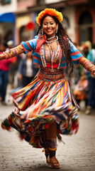 Woman in traditional costume performing ecuadorian traditional dance. Quito.