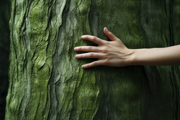 Close up detail of a woman’s hand touches rough tree trunk covered by green moss in the deep of...