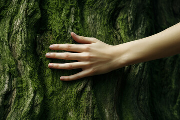 Close up detail of a woman’s hand touches rough tree trunk covered by green moss in the deep of...