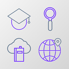 Set line Location on the globe, Cloud or online library, Magnifying glass and Graduation cap icon. Vector