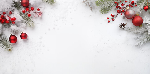Christmas composition. Fir tree branches, red berries on gray background. Christmas, winter, new year concept. Flat lay, top view, copy space.
