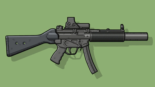 Close-up of MP5SD6 submachine gun on isolated green background. Art Line. Military weapons, gun concepts