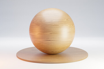 wooden podium with sphere ball on infinite background; pedestal for beauty, cosmetic product presentation. copy space template, 3D Illustration