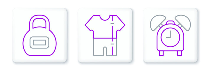 Set line Alarm clock, Kettlebell and Sport track suit icon. Vector