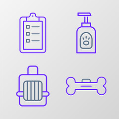 Set line Dog bone, Pet carry case, shampoo and Grooming salon price list icon. Vector