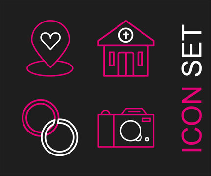 Set line Photo camera, Wedding rings, Church building and Location with heart icon. Vector