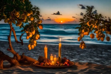 Candle tree (Parmentiera cereifera) with hanging fruit  Miami Florida homes on the beach, nature