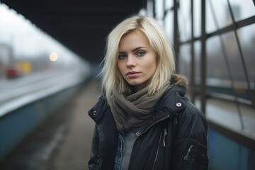 Portrait of a beautiful young woman with long blond hair in a black jacket and scarf on a city street.