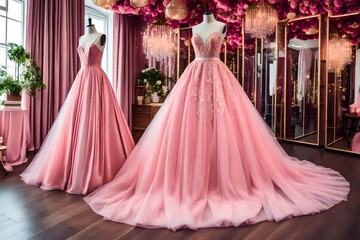 Closeup pink wedding dress in bridal salon room background. Banner. Front view of stylish dress for wedding day. Beautiful clothes for bride