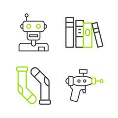 Set line Ray gun, Socks, Book and Robot icon. Vector