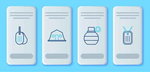 Set line Military barracks, Hand grenade, dog tag and icon. Vector