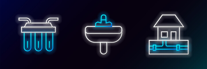Set line Water supply pipes, filter and Washbasin icon. Glowing neon. Vector