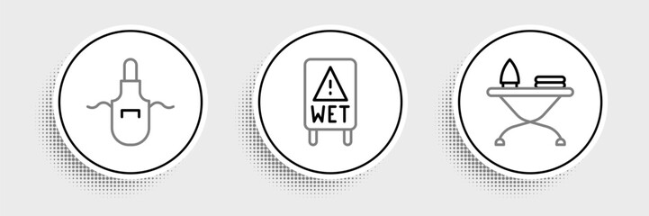 Set line Iron and ironing board, Kitchen apron and Wet floor icon. Vector