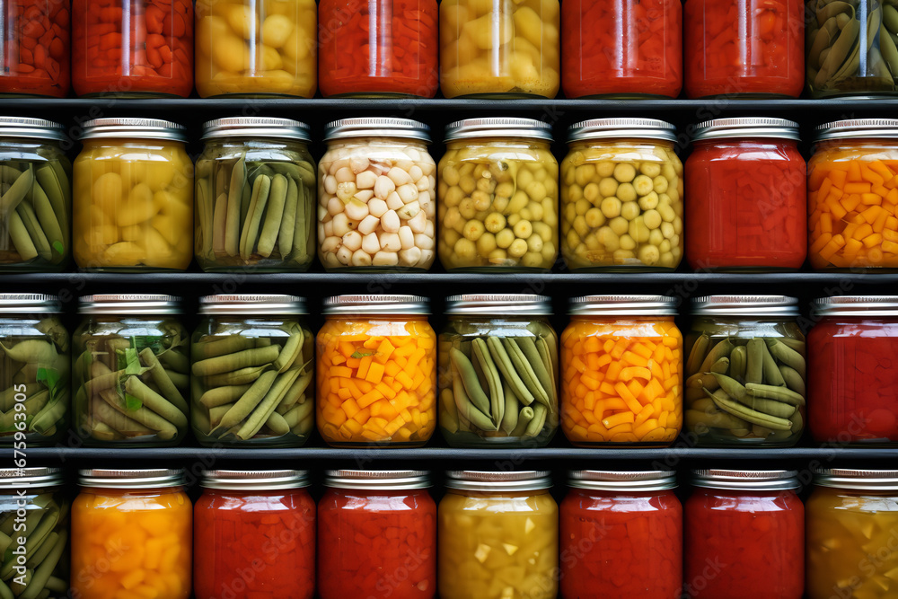 Sticker An assortment of canned vegetables are neatly lined up on a grocery store shelf, illustrating the concept of food preservation.