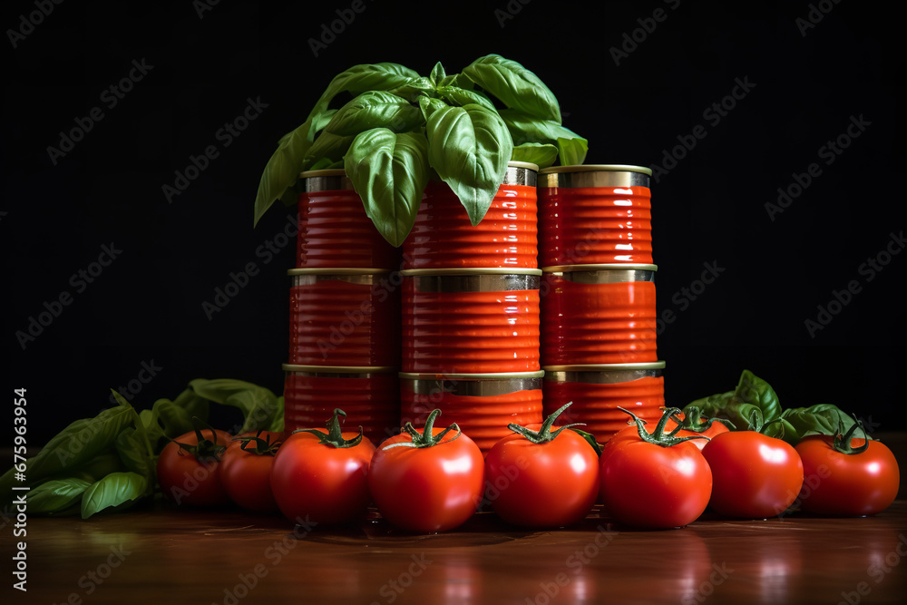 Sticker A stack of canned tomatoes is displayed next to fresh basil leaves, suggesting a classic culinary pairing.