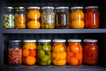 Jars of homemade canned fruits like peaches and berries are displayed on a kitchen shelf. - obrazy, fototapety, plakaty