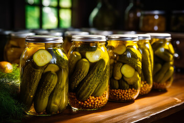 Glass jars are filled with freshly pickled cucumbers, sealed tightly with metal lids, ready for long-term storage. - obrazy, fototapety, plakaty