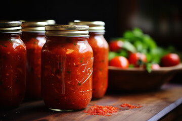 Mason jars filled with homemade canned tomato salsa are sealed and placed on a wooden table. - obrazy, fototapety, plakaty