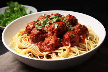 white bowl is filled with spaghetti and meatballs