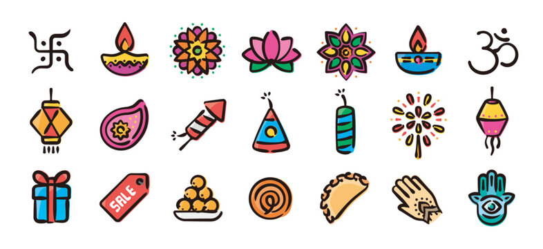 Diwali festival icon set for graphic (Hand-drawn line, colored version)