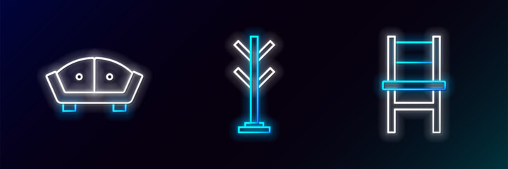 Set line Chair, Sofa and Coat stand icon. Glowing neon. Vector