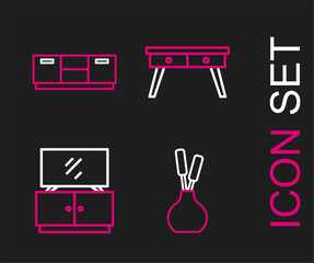 Set line Vase, TV table stand, Office desk and Furniture nightstand icon. Vector