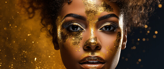 portrait of a beautiful woman with gold paint on her face, luxury, beauty - obrazy, fototapety, plakaty
