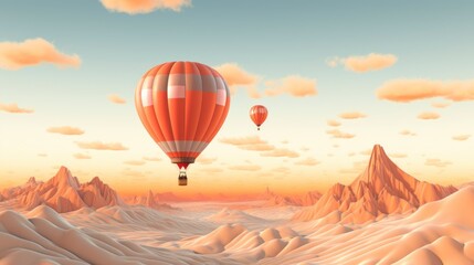 Hot air balloon flying over scenic mountain landscape with clouds