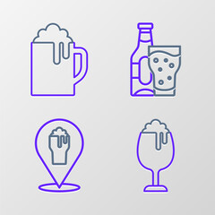 Set line Glass of beer, Alcohol or bar location, Beer bottle and glass and Wooden mug icon. Vector