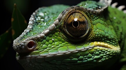Closeup portrait of a green chameleon - obrazy, fototapety, plakaty