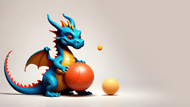 A very cute little dragon with big eyes and wings plays ball. Fantasy monster. Eastern horoscope. Cartoon character. Fairy tale.
