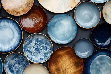 Various types and sizes of ceramic plates of light blue, navy blue, brown, and white with many pattern styles on a white, black, blue, brown table. Generative AI.