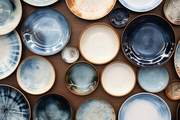 Various types and sizes of ceramic plates of light blue, navy blue, brown, and white with many pattern styles on a white, black, blue, brown table. Generative AI.