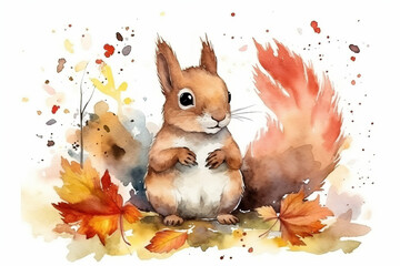watercolor painting illustration of small cute squirrel in autumn isolated on a white background , generative AI