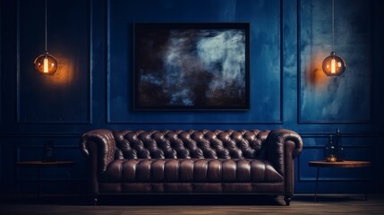 Living room with sofa on dark blue wall interior design