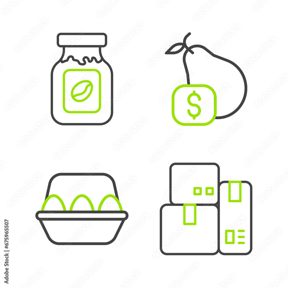 Sticker Set line Cash register machine, Chicken egg box, Price tag for pear and Coffee jar bottle icon. Vector