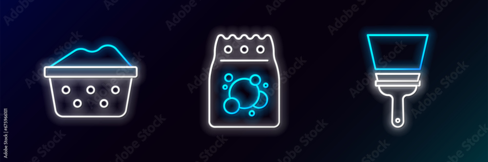 Wall mural Set line Rubber cleaner for windows, Basin with soap suds and Laundry detergent icon. Glowing neon. Vector