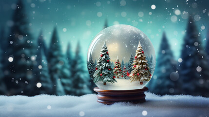 Winter Christmas Ball Decoration with Snowy Tree and Sparkling Lights Festive Image - obrazy, fototapety, plakaty